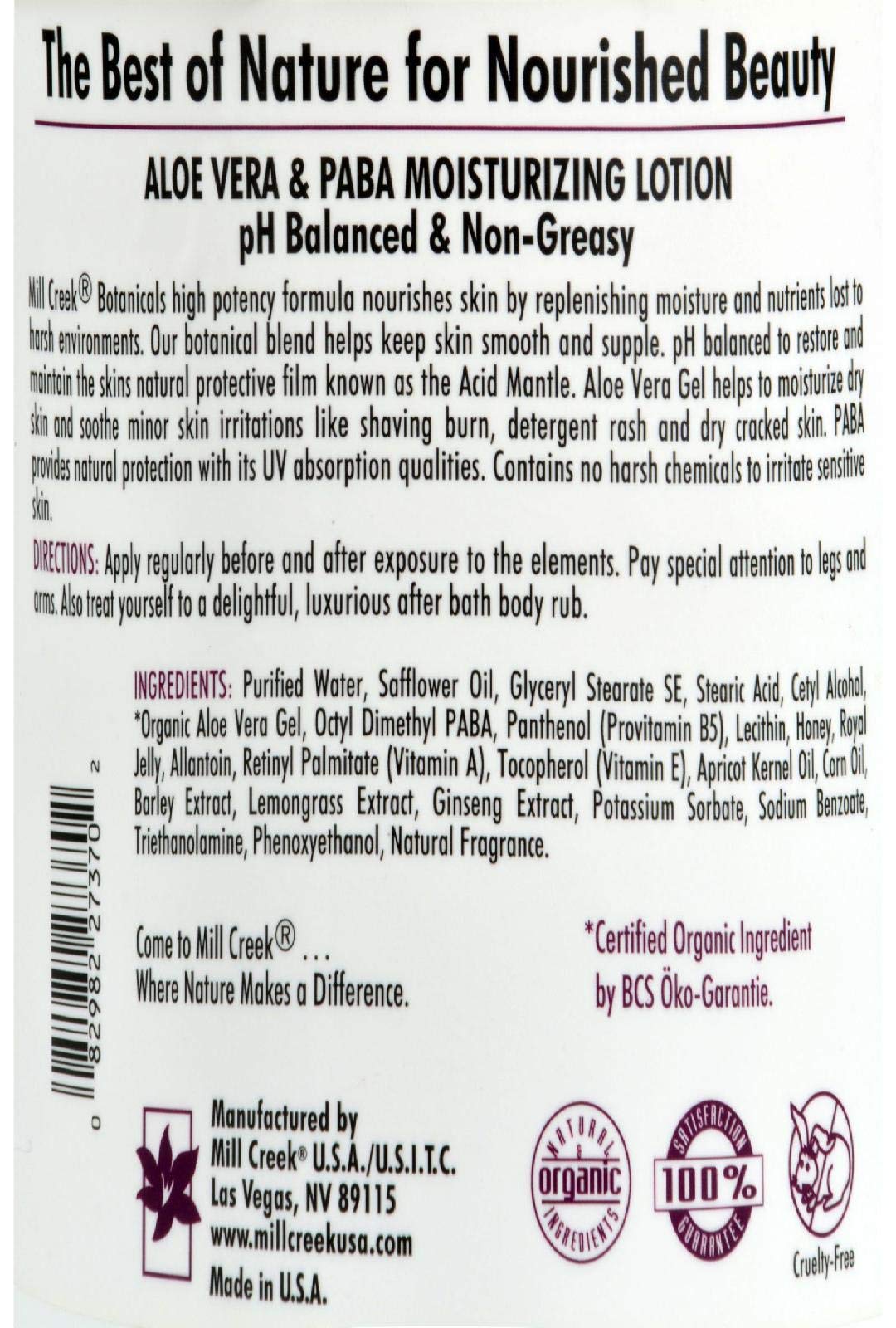 Mill Creek Botanicals Aloe Vera and Paba Moisturizing Lotion, 64 Fluid Ounce